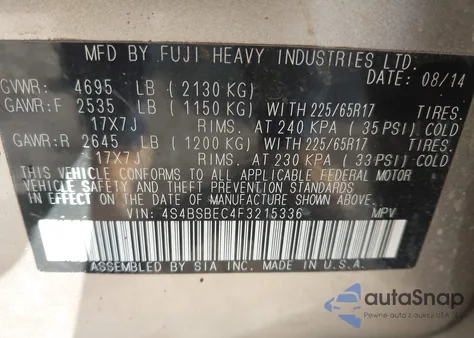 2015 Subaru Outback 2.5I Premium z USA, uszkodzony, nr VIN 4S4BSBEC4F3215336